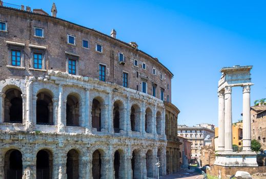 ROME, ITALY - CIRCA AUGUST 2020: ancient exterior of Teatro Macello (Theater of Marcellus) located very close to Colosseum.