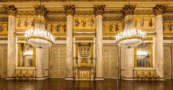 Turin, Italy - Circa January 2022: romantic old ballroom interior in Royal Palace, 1842