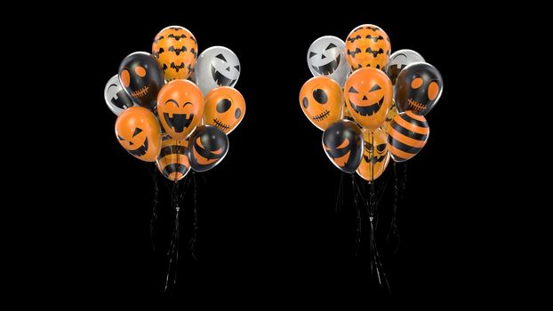 3d render Bunch of balloons with halloween texture on black background in 4k