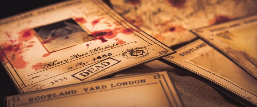 Jack the Ripper victims, London Scotland Yard, 1888. The killer murdered 12 women. Pictures with blood - a dark crime from the Victorian time.