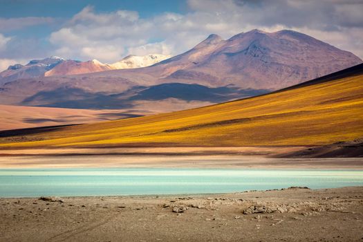 Laguna Blanca, white Lagoon at dramatic sky in Altiplano of Bolivia, South America