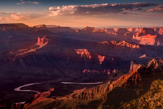 Grand Canyon south rim and Colorado River at sunset, Arizona, United States
