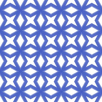 Ikat repeating swimwear design. Indigo symmetrical kaleidoscope background. Textile ready fantastic print, swimwear fabric, wallpaper, wrapping. Summer ikat sweamwear pattern.