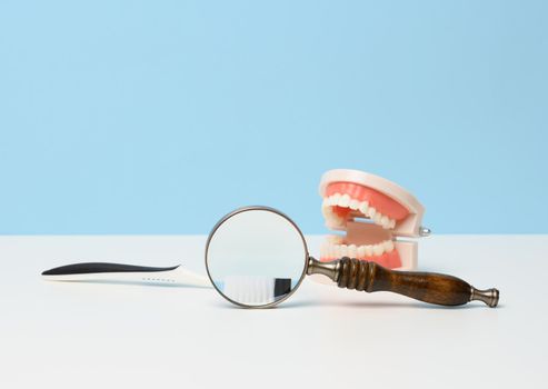 Magnifier, toothbrush and a plastic model of a human jaw with white even teeth and a medical examination mirror on a white table. Morning teeth cleaning, oral hygiene