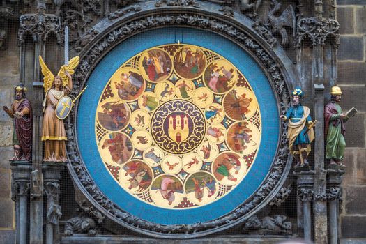 Astronomical clock close-up, orloj in Prague old town square, Czech Republic