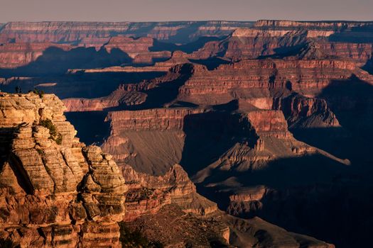 Grand Canyon south rim silhouette at golden sunset, Arizona, United States