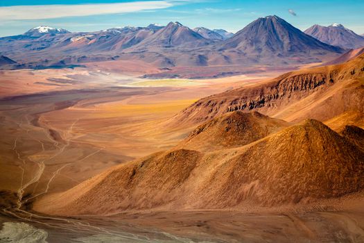Atacama desert, volcanoes, Lake Lejia and arid landscape in Northern Chile, South America