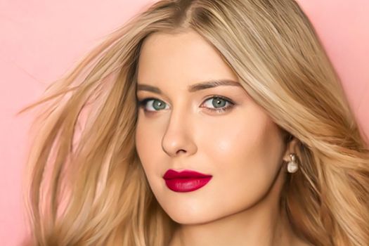 Beauty, makeup and hairstyle, beautiful blonde woman with red matte lipstick make up on pink background as bridal make-up look, fashion and glamour model face portrait for cosmetics, skincare and hair care brand