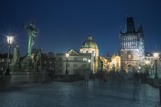 Charles bridge illuminated at night, Prague old town, Czech Republic