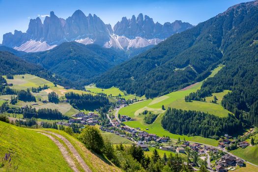 Val di Funes neat St. Magdalena, Dolomites alps in Northern Italy, Idyllic landscape