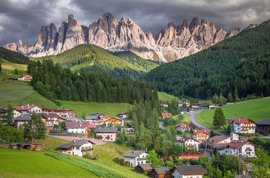 Val di Funes in St. Magdalena, Dolomites alps in Northern Italy, Idyllic landscape