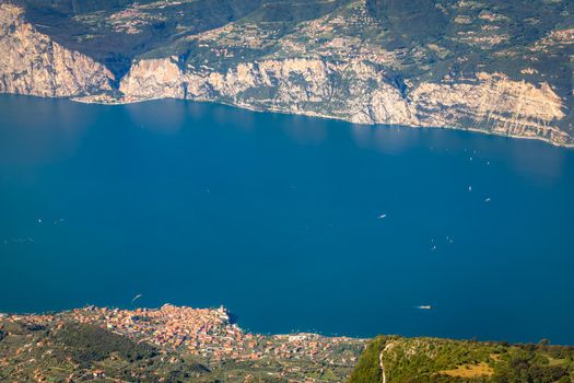 Above idyllic and turquoise Lake Garda from Monte Baldo, Malcesine, Northern Italy