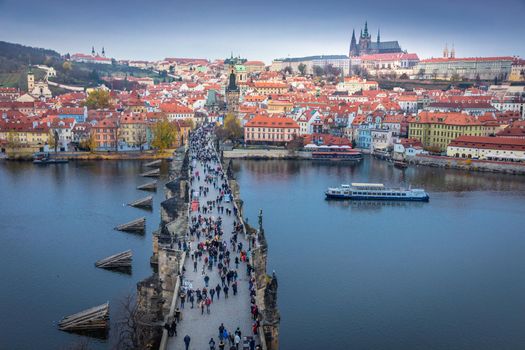 Charles bridge in Prague old town at dusk, Czech Republic