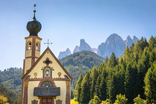 St Johann Church in idyllic Santa Maddalena, Dolomites, Northern Italy