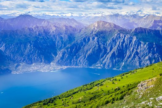 Above idyllic and turquoise Lake Garda from Monte Baldo, Malcesine, Northern Italy