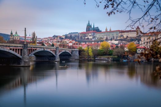 Manesuv bridge at dramatic dawn, Prague old town, Czech Republic