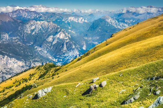 Italian Dolomites alps from above idyllic Monte Baldo, Malcesine, Northern Italy