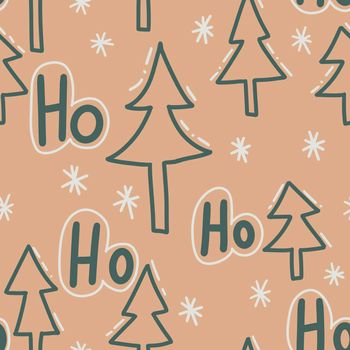 hand drawn seamless pattern with winter fir spruce christmas tree forest wood woodland. Boho bohemian background in green neutral pastel colors, simple minimalist childish print