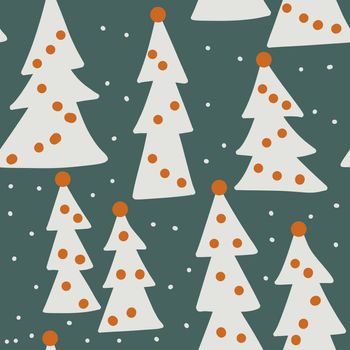 hand drawn seamless pattern with winter fir spruce christmas tree forest wood woodland. Boho bohemian background in green neutral pastel colors, simple minimalist childish print