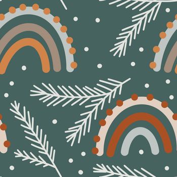 Hand drawn seamless pattern with neutral beige green boho rainbows and winter christmas snowflakes on pastel background. New year wrapping paper december nursery design, ethnic cartoon style