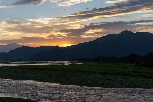 Sunset in Swat valley over a mountains and river