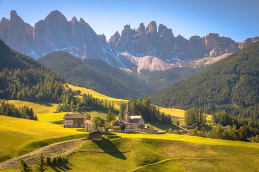 Idyllic St. Magdalena village with famous church in Val di Funes, Dolomites, Northern Italy