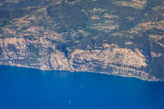 Above idyllic and turquoise Lake Garda from Monte Baldo, Malcesine, Northern Italy