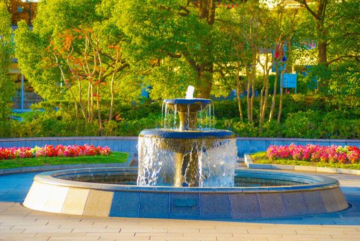 Fountain and evening scenery (Yokohama Ichizen Ward). Shooting Location: Yokohama-city kanagawa prefecture