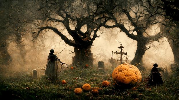 Halloween background. Spooky forest pumpkin in graveyard.