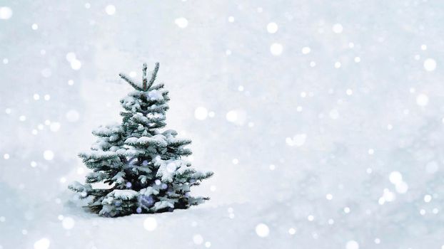 A Christmas tree with snow on the branches in an open space stands in a snowfall. Photo blank for design. Copy Space