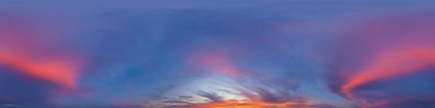 Dark blue sunset sky panorama with pink Cumulus clouds. Seamless hdr 360 pano in spherical equirectangular format. Full zenith for 3D visualization, game, sky replacement for aerial drone panoramas