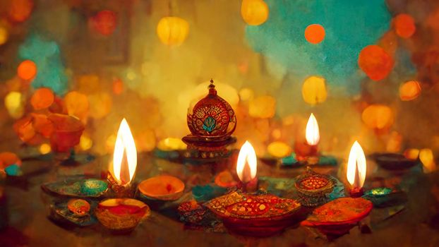 happy diwali indian festival. diwali background with candles. Diwali lanterns realistic background with candles and blurred lights.