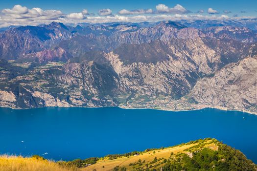 Above idyllic and turquoise Lake Garda from Monte Baldo, Malcesine, Northern Italy