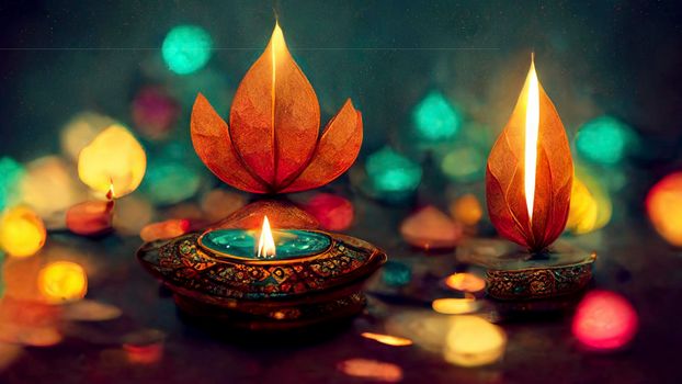 happy diwali indian festival. diwali background with candles. Diwali lanterns realistic background with candles and blurred lights.