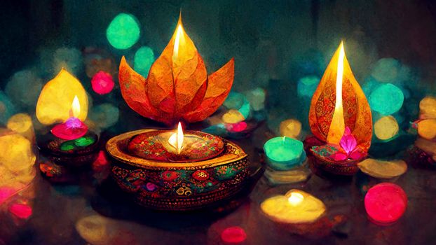 happy diwali indian festival. diwali background with candles. Diwali lanterns realistic background with candles and blurred lights.