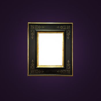 Antique art fair gallery frame on royal purple wall at auction house or museum exhibition, blank template with empty white copyspace for mockup design, artwork concept