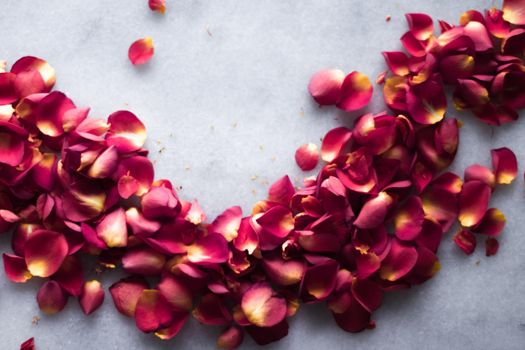 rose petals on marble flatlay - wedding, holiday and floral background styled concept, elegant visuals