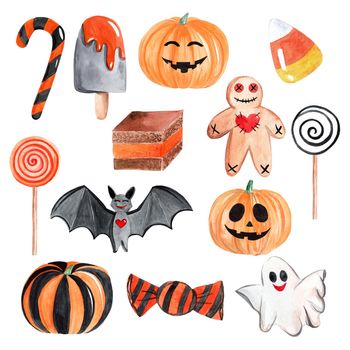 Watercolor halloween set isolated on white background. Hand drawn pumpkins, candy, bat illustrations