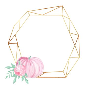 Gold polygonal frame with pink pumpkin isolated on white background. Thanksgiving day border. Baby shower invitation template