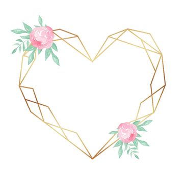 Gold polygonal heart frame with pink flowers isolated on white background. Wedding invitation template