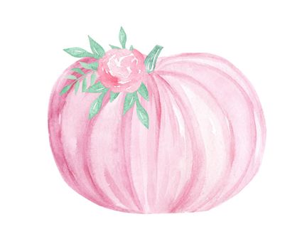 Watercolor cute pink pumpkin with floral decor isolated on white background