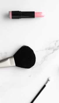 Make-up and cosmetics on marble, flatlay - modern feminine lifestyle, vlog background and styled stock concept. Beauty inspiration in a fashion blog