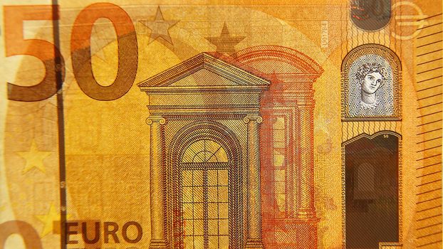 The bill is 50 euros. Macro photo. Water signs. Illumination. Buzhnaye money. Cash.