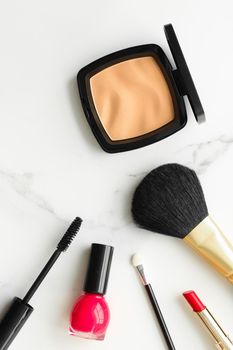 Make-up and cosmetics on marble, flatlay - modern feminine lifestyle, vlog background and styled stock concept. Beauty inspiration in a fashion blog