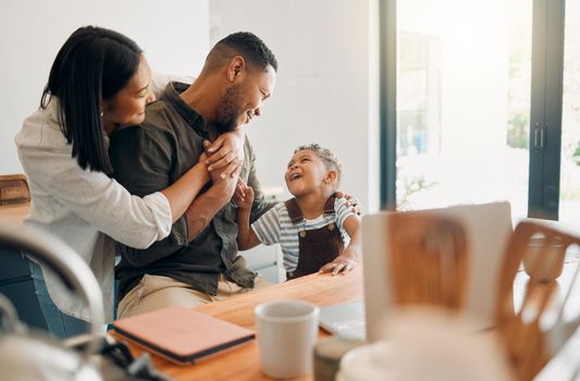 Family, bonding and playing with their happy little boy while laughing, teasing and talking at home with flair. Loving wife and son hugging dad while showing him love and affection on fathers day.