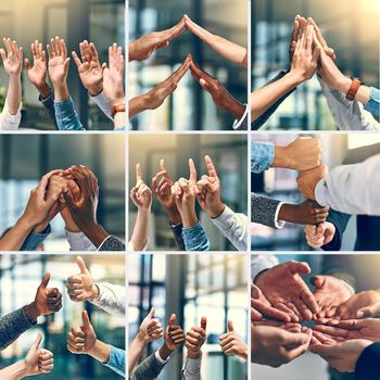 Teamwork brings one closer to success. Composite shot of a group of unrecognizable people putting up their hands and using different types of gestures inside of a office