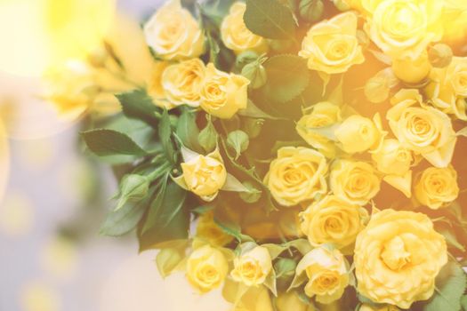 bouquet of yellow roses in sunlight - springtime, mother's day and holiday styled concept