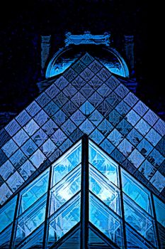 Digital illustration of Louvre pyramid detail at night blue lit, with night sky background. Stylized high quality photo
