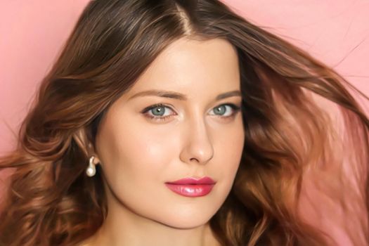 Beauty face portrait, beautiful woman with long wavy hairstyle and chic make-up on pink background, bridal makeup, fashion and glamour model look for skincare, cosmetics and hair care concept