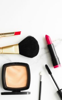 Make-up and cosmetics on marble, flatlay - modern feminine lifestyle, vlog background and styled stock concept. Beauty inspiration in a fashion blog